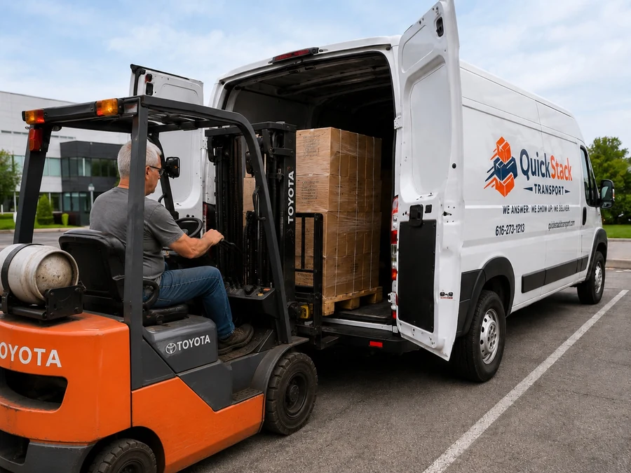 Forklift loading a QuickStack van