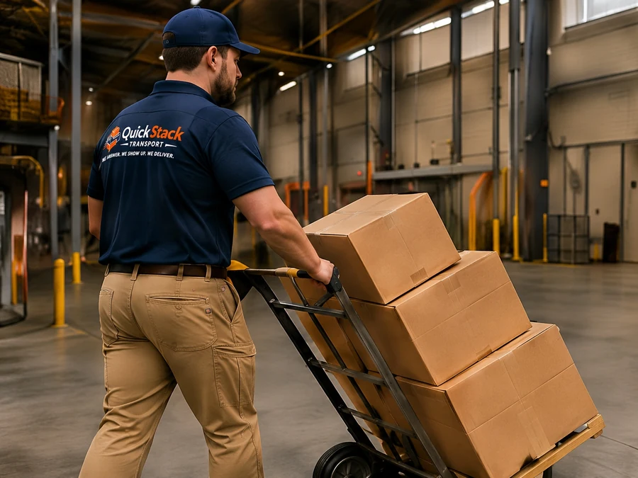 QuickStack worker moving boxed freight